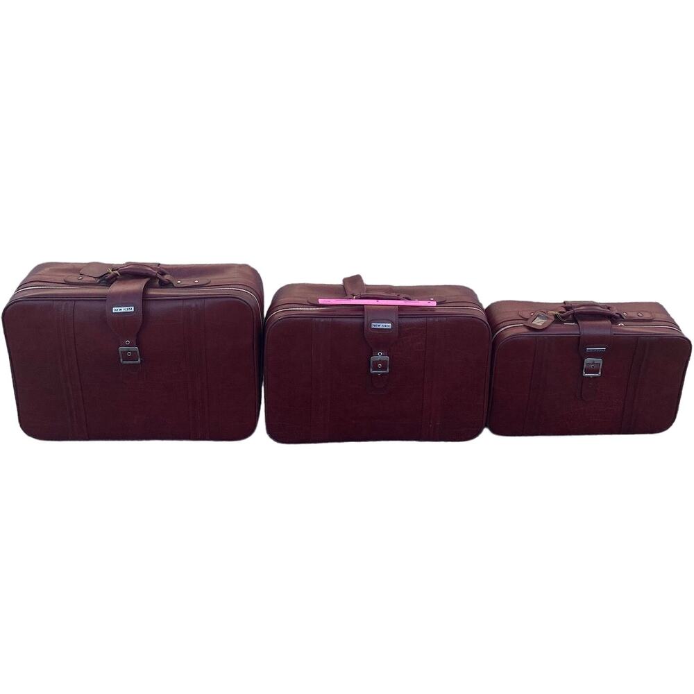 Set of 3 VTG New Vista Korean Travel Luggage Faux Leather Burgundy suitcases - Picture 6 of 16